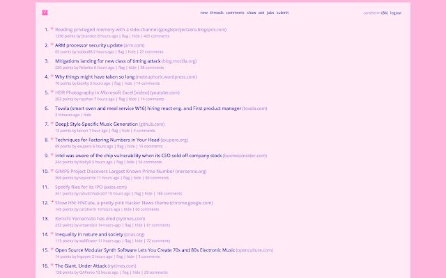 HNcute : un joli thème rose Hacker News de la boutique en ligne Chrome à exécuter avec OffiDocs Chromium en ligne