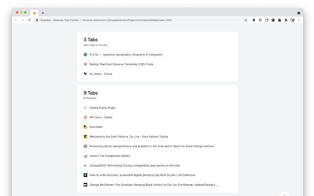 Hoardie Reduce Tab Clutter  from Chrome web store to be run with OffiDocs Chromium online