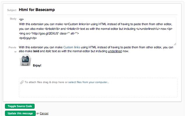 HTML for Basecamp  from Chrome web store to be run with OffiDocs Chromium online