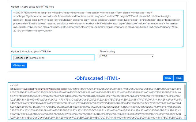 HTML Obfuscator  from Chrome web store to be run with OffiDocs Chromium online