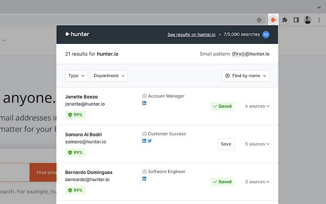 Розширення Hunter Email Finder із веб-магазину Chrome, яке можна запускати з OffiDocs Chromium онлайн