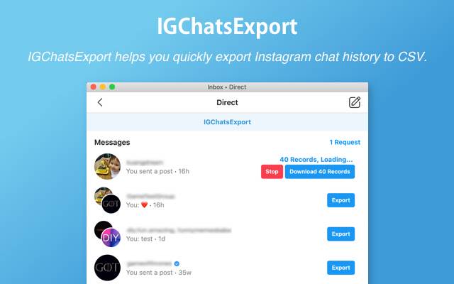 IGChatsExport Unduh Pesan Instagram dari toko web Chrome untuk dijalankan dengan OffiDocs Chromium online