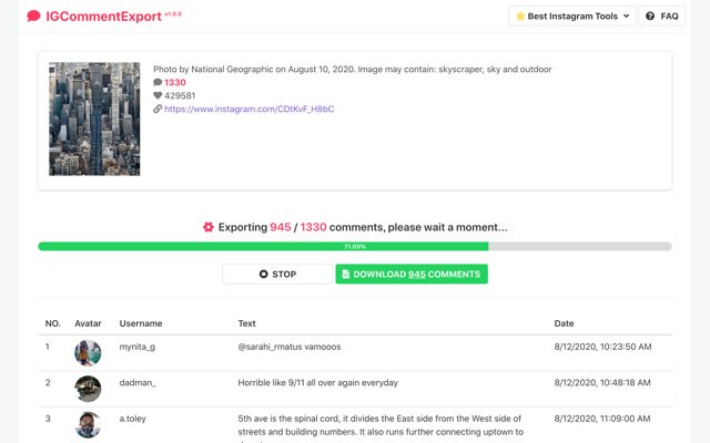 IGCommentExport Export Instagram Comments  from Chrome web store to be run with OffiDocs Chromium online