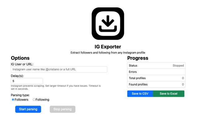 IGExport IG Follower Export Tool  from Chrome web store to be run with OffiDocs Chromium online