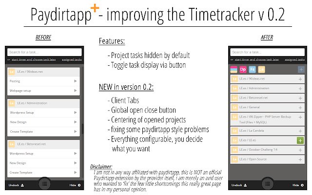 Improving the Paydirt Time Tracker  from Chrome web store to be run with OffiDocs Chromium online