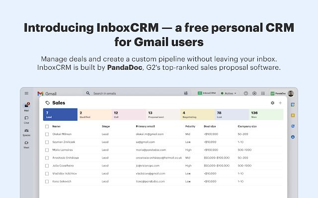 InboxCRM Personal CRM for Gmail by PandaDoc  from Chrome web store to be run with OffiDocs Chromium online