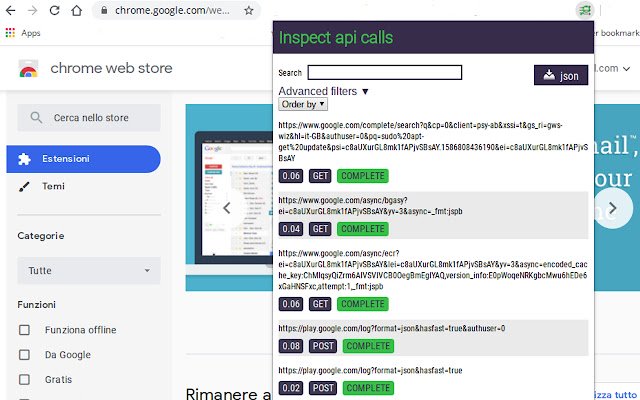 Inspect API calls  from Chrome web store to be run with OffiDocs Chromium online