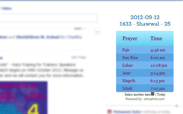 Islamic Prayer Times for Facebook  from Chrome web store to be run with OffiDocs Chromium online