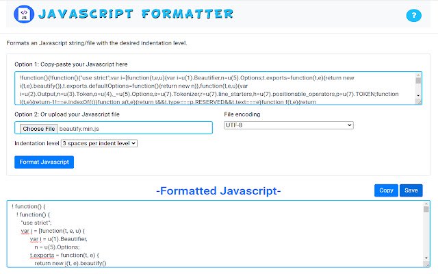 Javascript Formatter de Chrome web store para ejecutarse con OffiDocs Chromium en línea