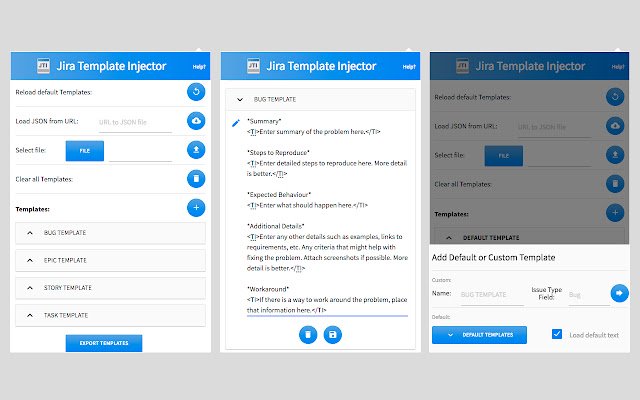 JIRA Template Injector  from Chrome web store to be run with OffiDocs Chromium online