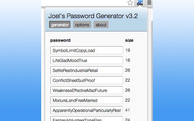 Joels Password Generator  from Chrome web store to be run with OffiDocs Chromium online