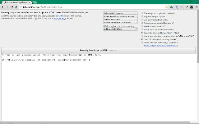 JS Beautifier settings tweaks  from Chrome web store to be run with OffiDocs Chromium online