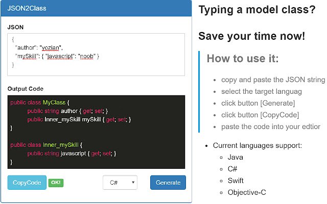 JSON2Class จาก Chrome เว็บสโตร์ที่จะรันด้วย OffiDocs Chromium ทางออนไลน์