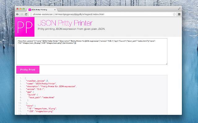 JSON Pretty Printer ຈາກ Chrome web store ທີ່ຈະດໍາເນີນການກັບ OffiDocs Chromium ອອນໄລນ໌