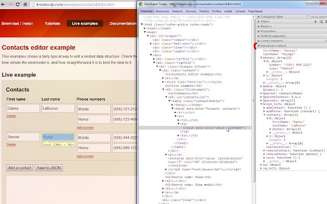 Knockoutjs context debugger  from Chrome web store to be run with OffiDocs Chromium online