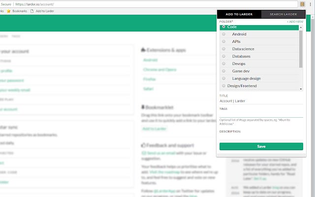Larder: Bookmarking for developers  from Chrome web store to be run with OffiDocs Chromium online
