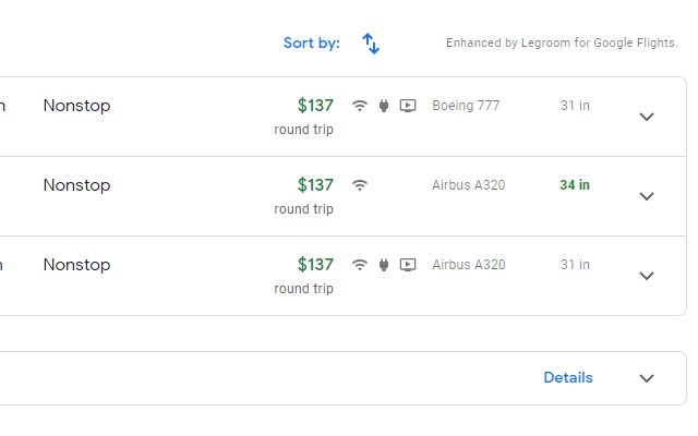 Legrooms for Google Flights  from Chrome web store to be run with OffiDocs Chromium online