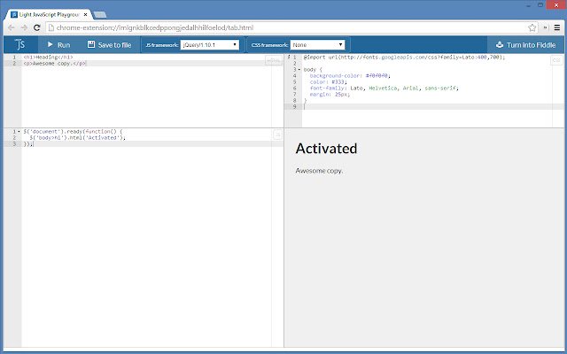 Light JavaScript Playground  from Chrome web store to be run with OffiDocs Chromium online