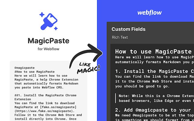 سيتم تشغيل MagicPaste for Webflow من متجر Chrome الإلكتروني مع OffiDocs Chromium عبر الإنترنت