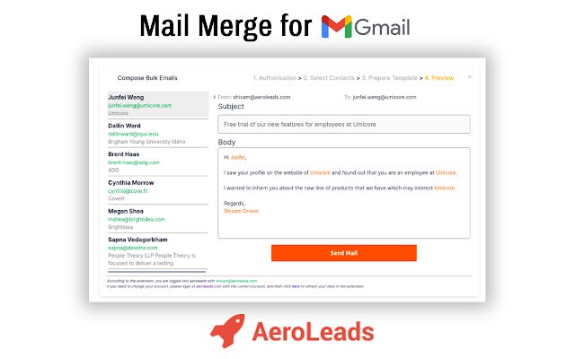 Mail Merge for Gmail Aeroleads  from Chrome web store to be run with OffiDocs Chromium online