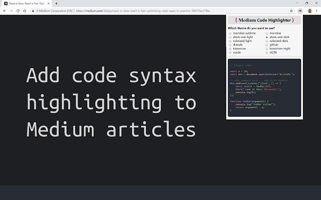 Medium Code Highlighter  from Chrome web store to be run with OffiDocs Chromium online