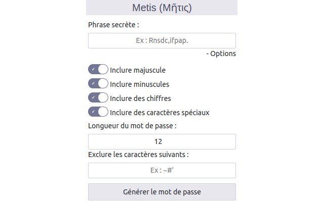 Metis (Μῆτις) password generator  from Chrome web store to be run with OffiDocs Chromium online