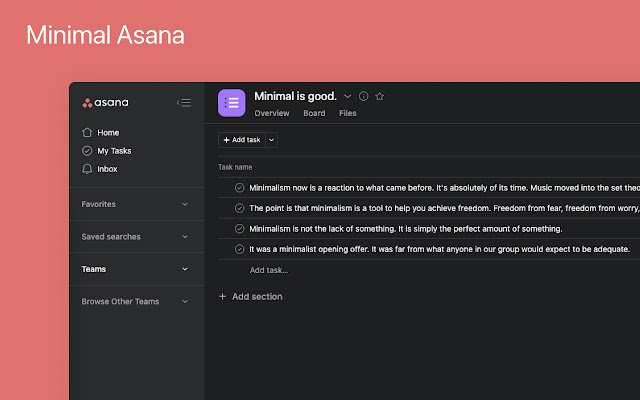 Minimal Asana  from Chrome web store to be run with OffiDocs Chromium online