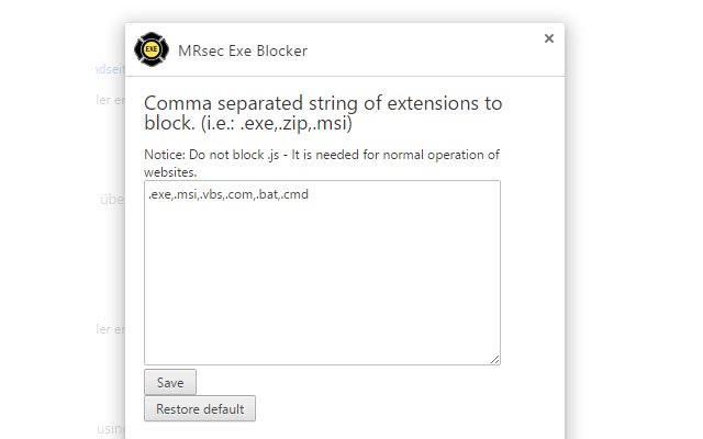 MRsec Exe Blocker  from Chrome web store to be run with OffiDocs Chromium online