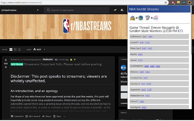 NBA Reddit Streams  from Chrome web store to be run with OffiDocs Chromium online