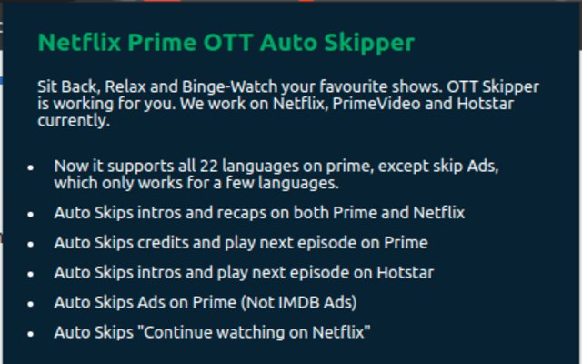 Netflix Prime OTT Auto Skipper  from Chrome web store to be run with OffiDocs Chromium online