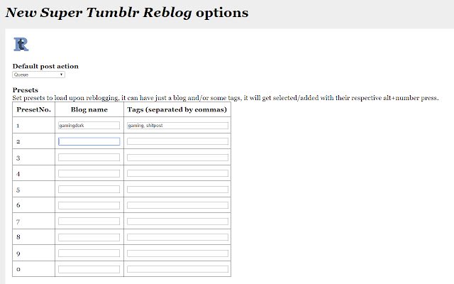 New Super Tumblr Reblog  from Chrome web store to be run with OffiDocs Chromium online