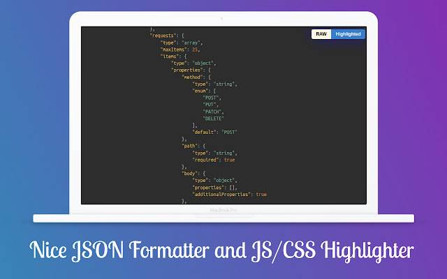 Nice JSON Formatter y JS/CSS Highlighter de Chrome web store para ejecutarse con OffiDocs Chromium en línea