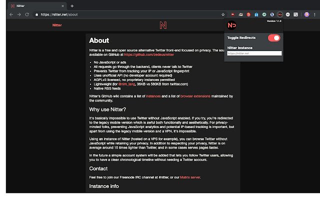 Nitter Redirect  from Chrome web store to be run with OffiDocs Chromium online