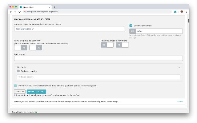 Nuvem Shop Frete manual por cidades  from Chrome web store to be run with OffiDocs Chromium online