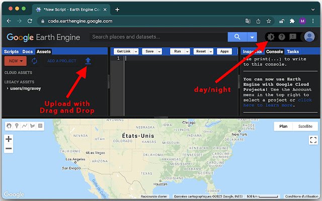 Open Earth Engine extension  from Chrome web store to be run with OffiDocs Chromium online