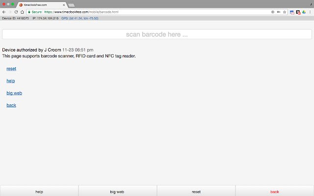 Open Time Clock Barcode Scanner Kiosk  from Chrome web store to be run with OffiDocs Chromium online