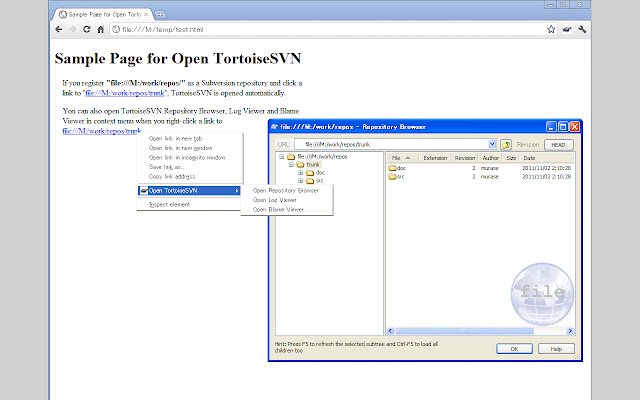 Open TortoiseSVN for Google Chrome™  from Chrome web store to be run with OffiDocs Chromium online