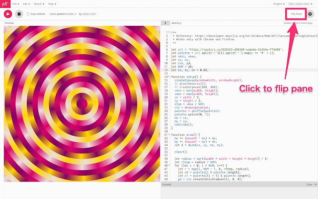 p5.js Editor Flipper  from Chrome web store to be run with OffiDocs Chromium online