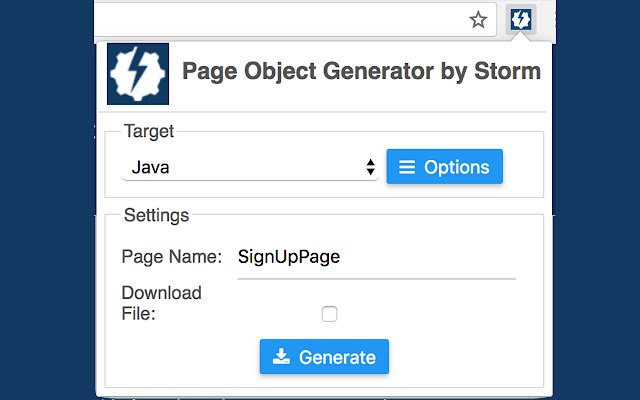 Page Object Generator By Storm  from Chrome web store to be run with OffiDocs Chromium online