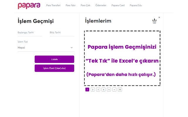 Papara Excel İşlem Özeti จาก Chrome เว็บสโตร์ที่จะรันด้วย OffiDocs Chromium ออนไลน์