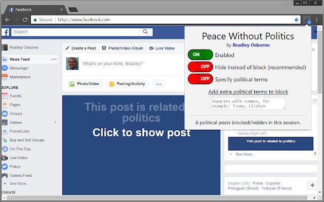 Peace Without Politics for Facebook  from Chrome web store to be run with OffiDocs Chromium online