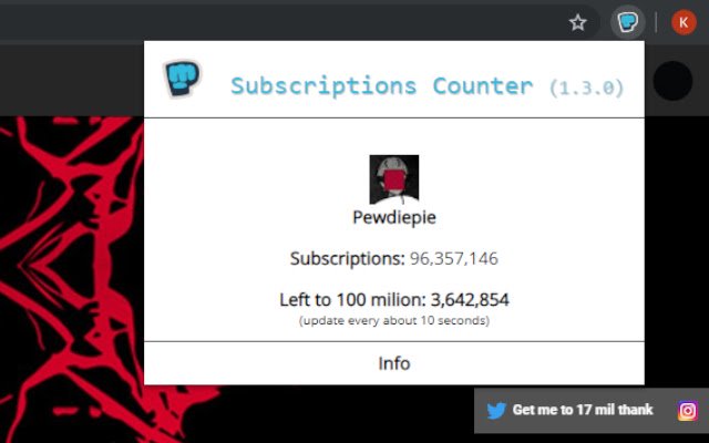 Pewdiepie Subscriptions Counter aus dem Chrome Web Store soll mit OffiDocs Chromium online betrieben werden