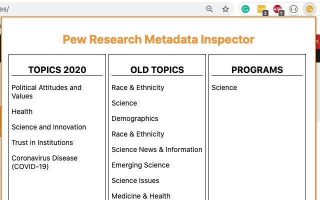 Pew Research Metadata Inspector  from Chrome web store to be run with OffiDocs Chromium online