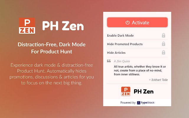 PH Zen: Distraction Free Product Hunt da Chrome Web Store para ser executado com OffiDocs Chromium online