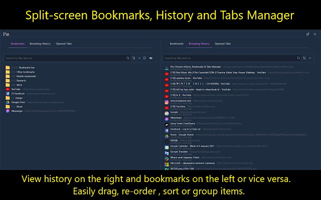 Pin: History, Bookmarks  Tabs Manager  from Chrome web store to be run with OffiDocs Chromium online