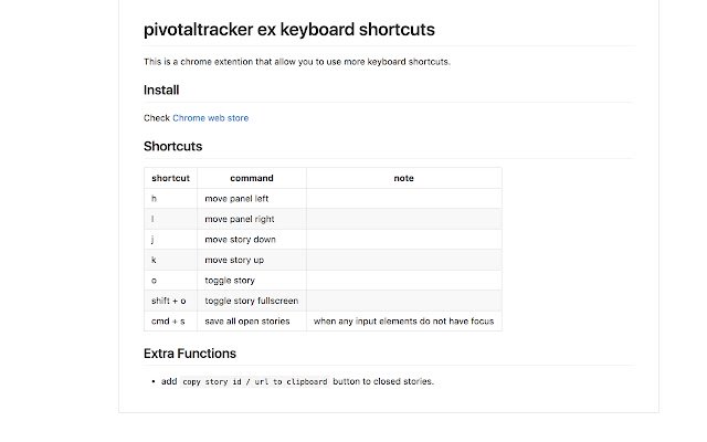 OffiDocs Chromium çevrimiçi ile çalıştırılacak Chrome web mağazasından Pivotal Tracker Ekstra Klavye Kısayolları