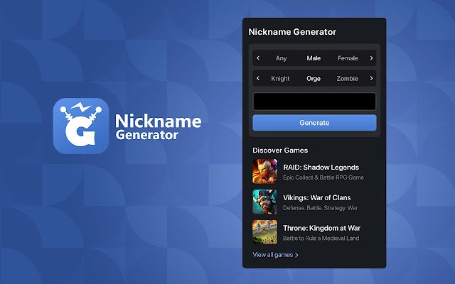 Plarium Nickname Generator  from Chrome web store to be run with OffiDocs Chromium online