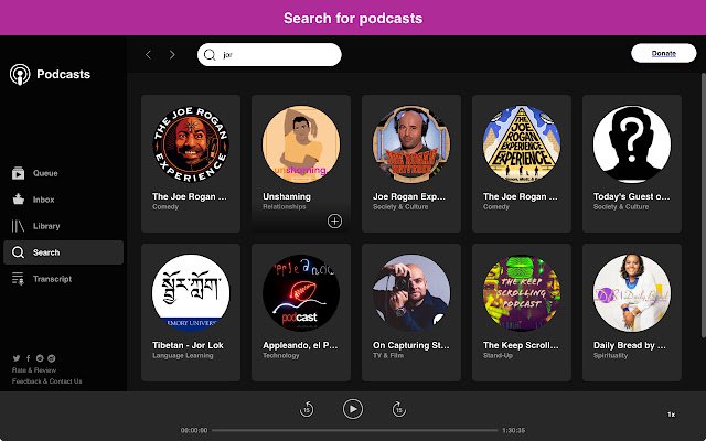 Podcasts A player, downloader, transcriber  from Chrome web store to be run with OffiDocs Chromium online