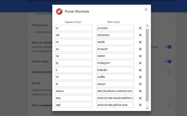 Power Shortcuts  from Chrome web store to be run with OffiDocs Chromium online