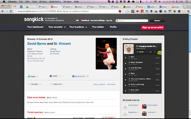 PreGig: Mai mult Spotify pentru Songkick din magazinul web Chrome, pentru a fi rulat cu OffiDocs Chromium online